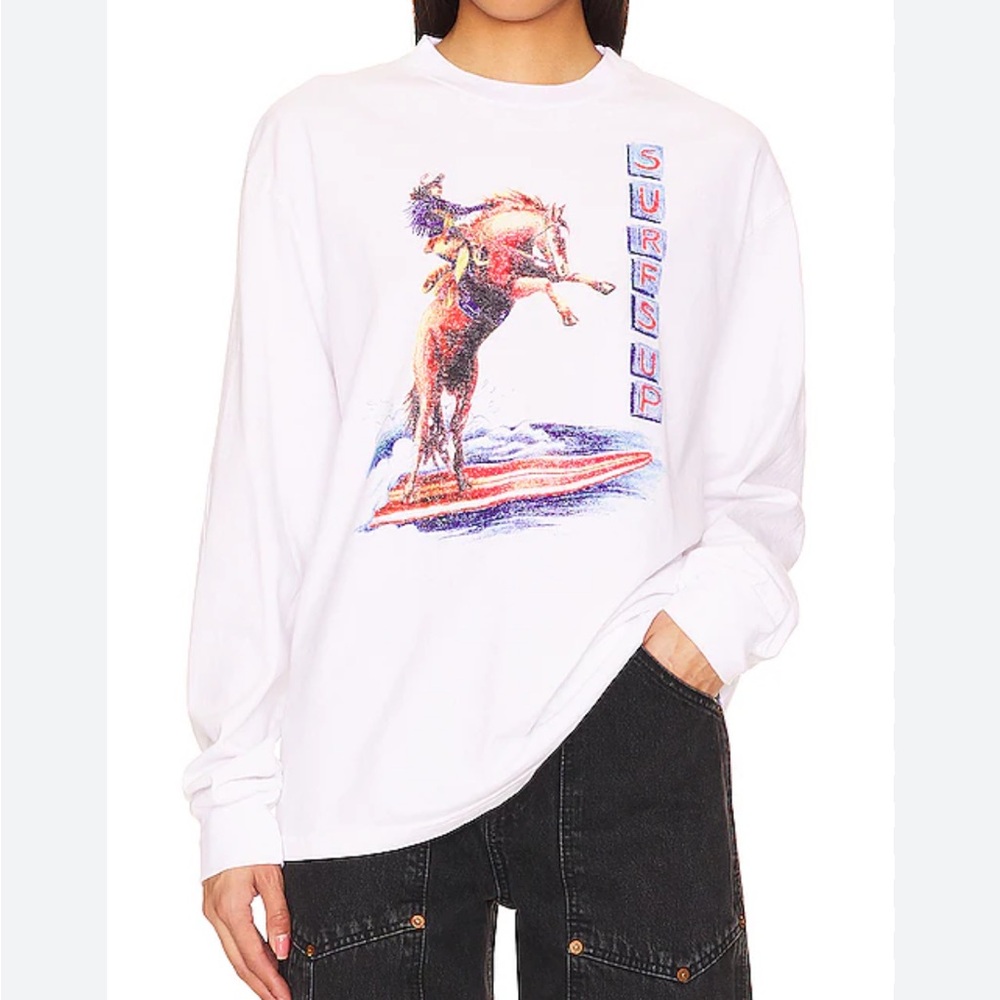 Re/Done White Long Sleeve Tee with Surf Graphic